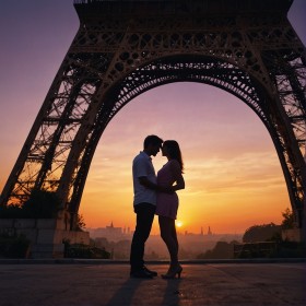 Romanticismo a Parigi: Due amanti si baciano al tramonto nella città d